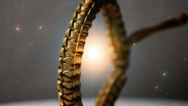 Bracelet Aldebaran en cuir doré avec l'étoile Aldebaran en arrière plan - Conception Code Golden Shop